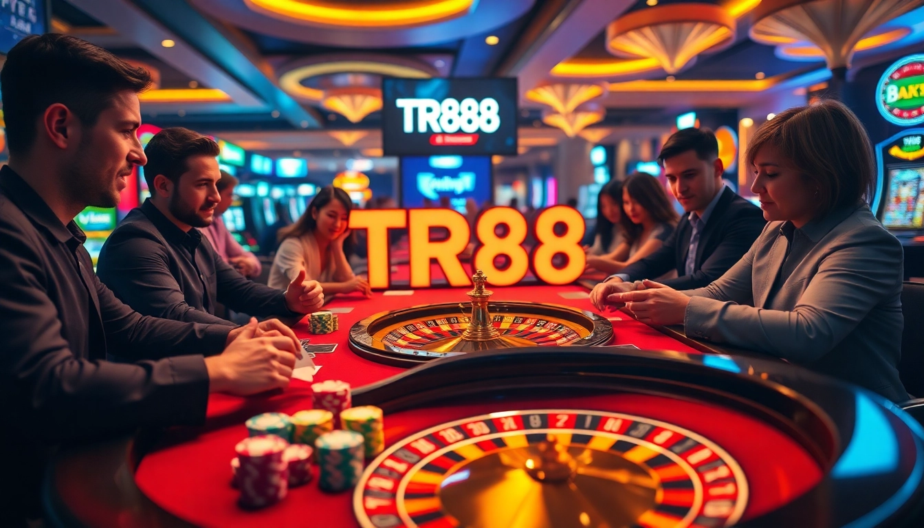 Engaged gamblers play at a luxurious casino table featuring TR88 elements, poker chips, and cards.