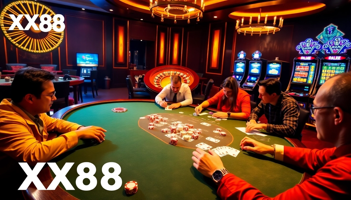 Players enjoying a thrilling poker game at XX88 casino with vibrant slot machines and roulette.