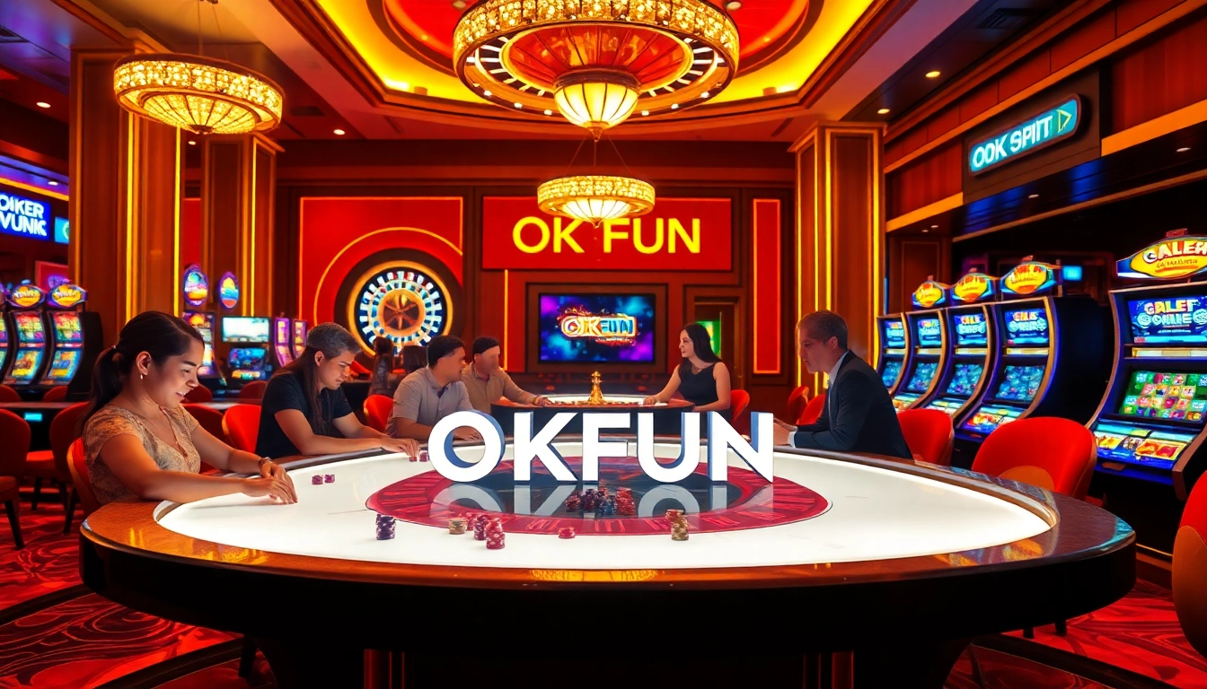 OKFUN Casino scene with engaged players at a poker table, vibrant lights, and roulette wheel.