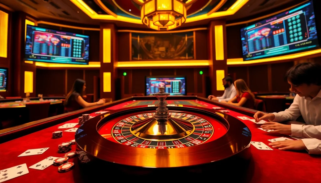 The vibrant casino experience at nhà cái uy tín FLY88 showcases a roulette wheel and engaged players, emphasizing thrilling online betting.