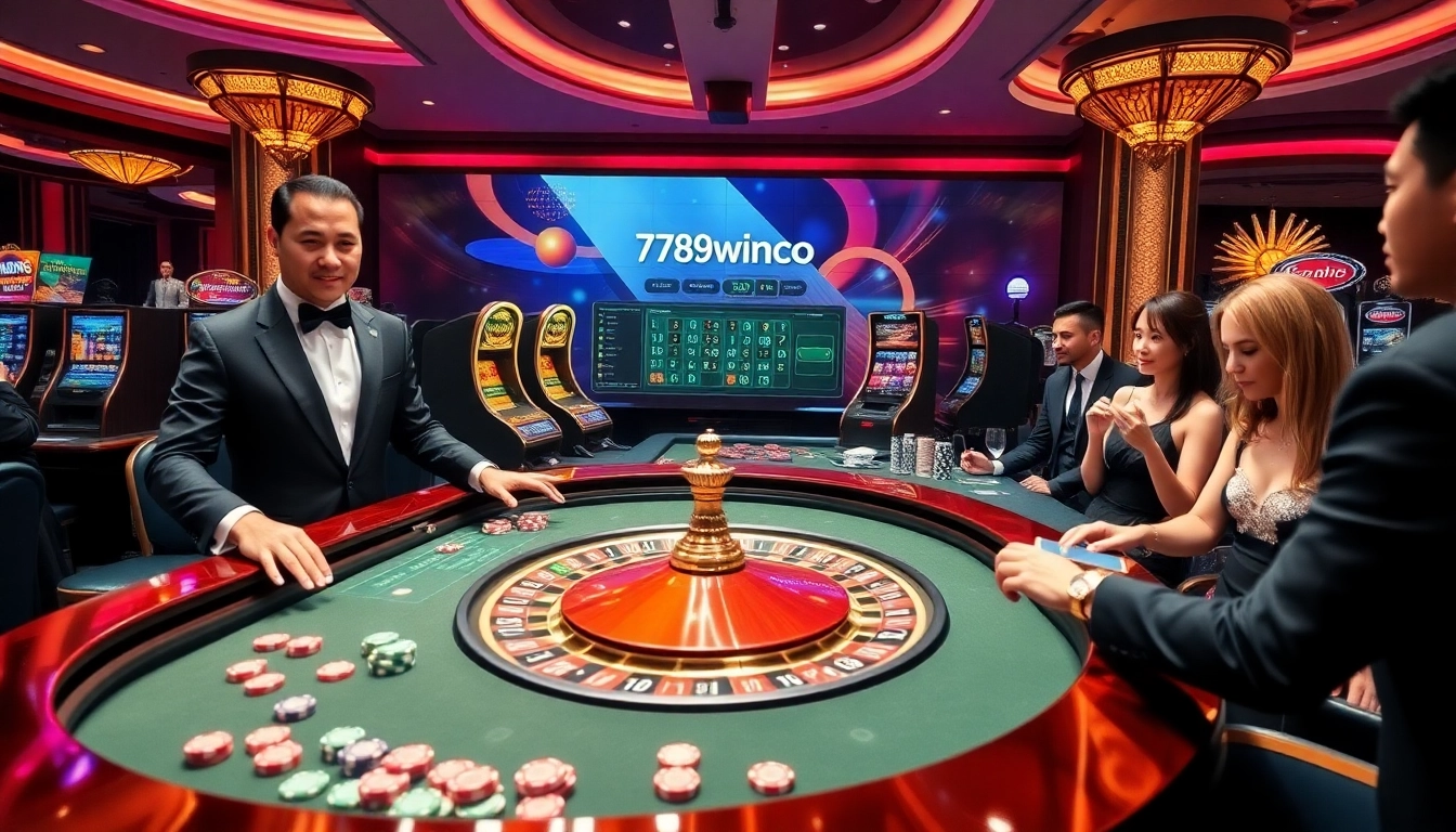 Engage in thrilling casino action at https://789winco.com/ featuring a luxurious roulette table and lively players.