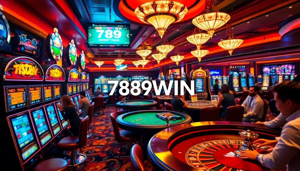 Gamblers enjoying the thrill of 789WIN casino games amidst a vibrant gaming atmosphere.