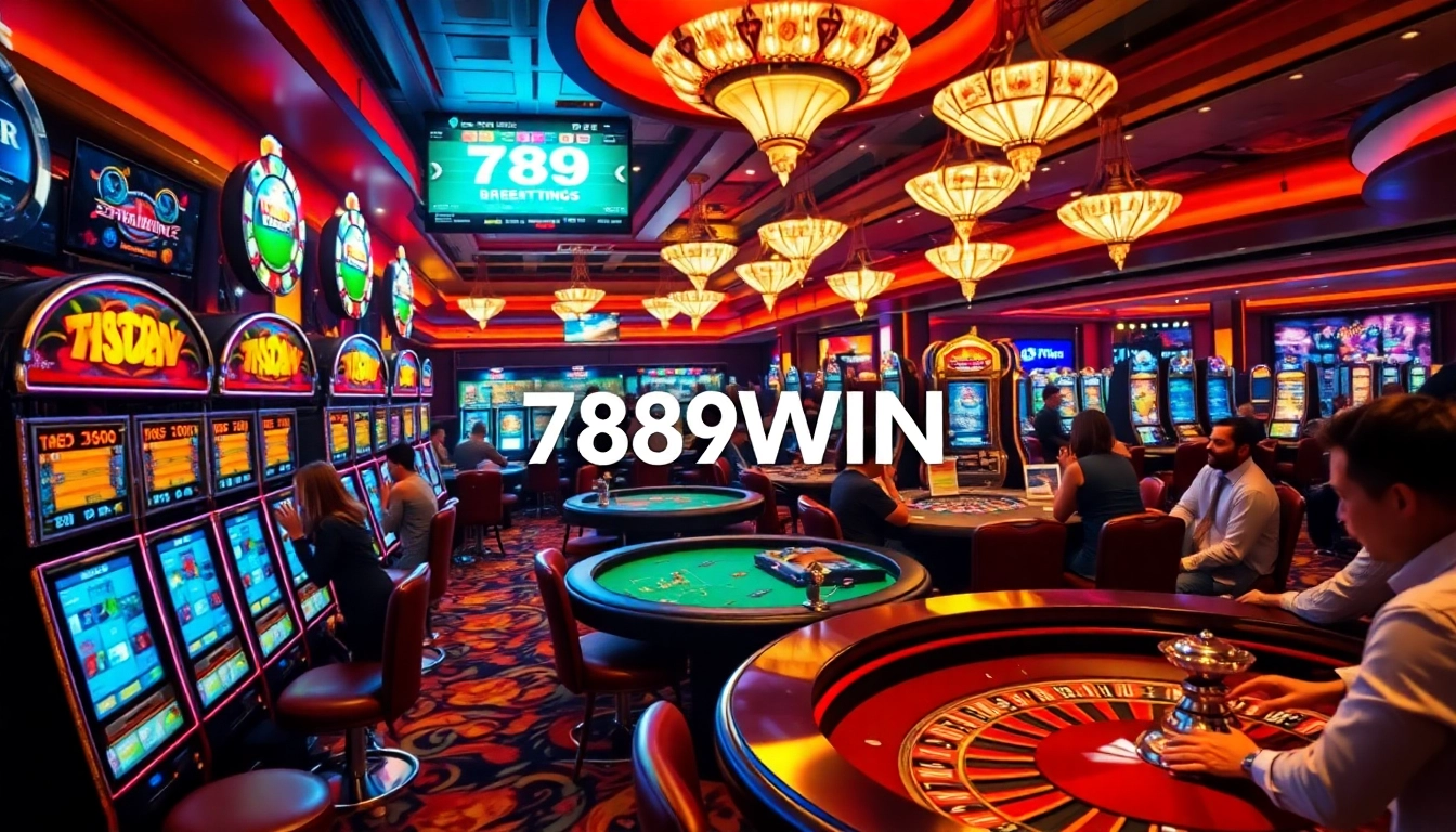 Gamblers enjoying the thrill of 789WIN casino games amidst a vibrant gaming atmosphere.