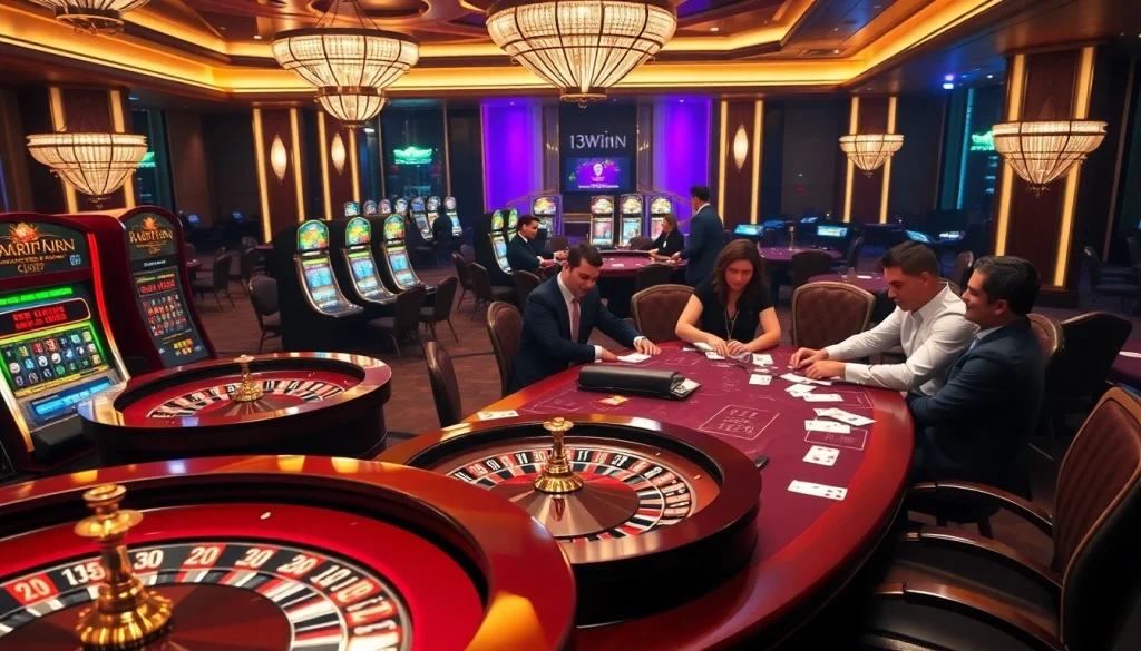 Experience the excitement of betting at 13Win's luxury casino tables amidst thrilling gambling action.