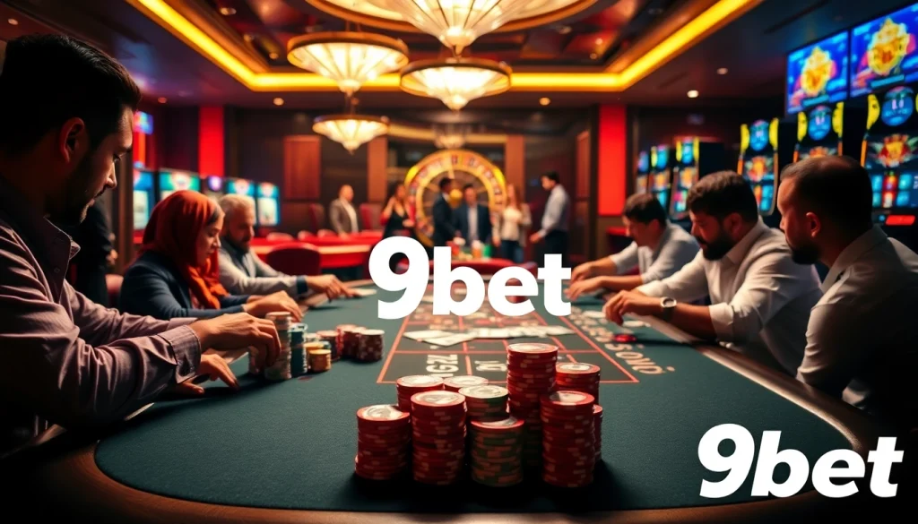 Experience the excitement of 9bet with vibrant casino games at a professional poker table.