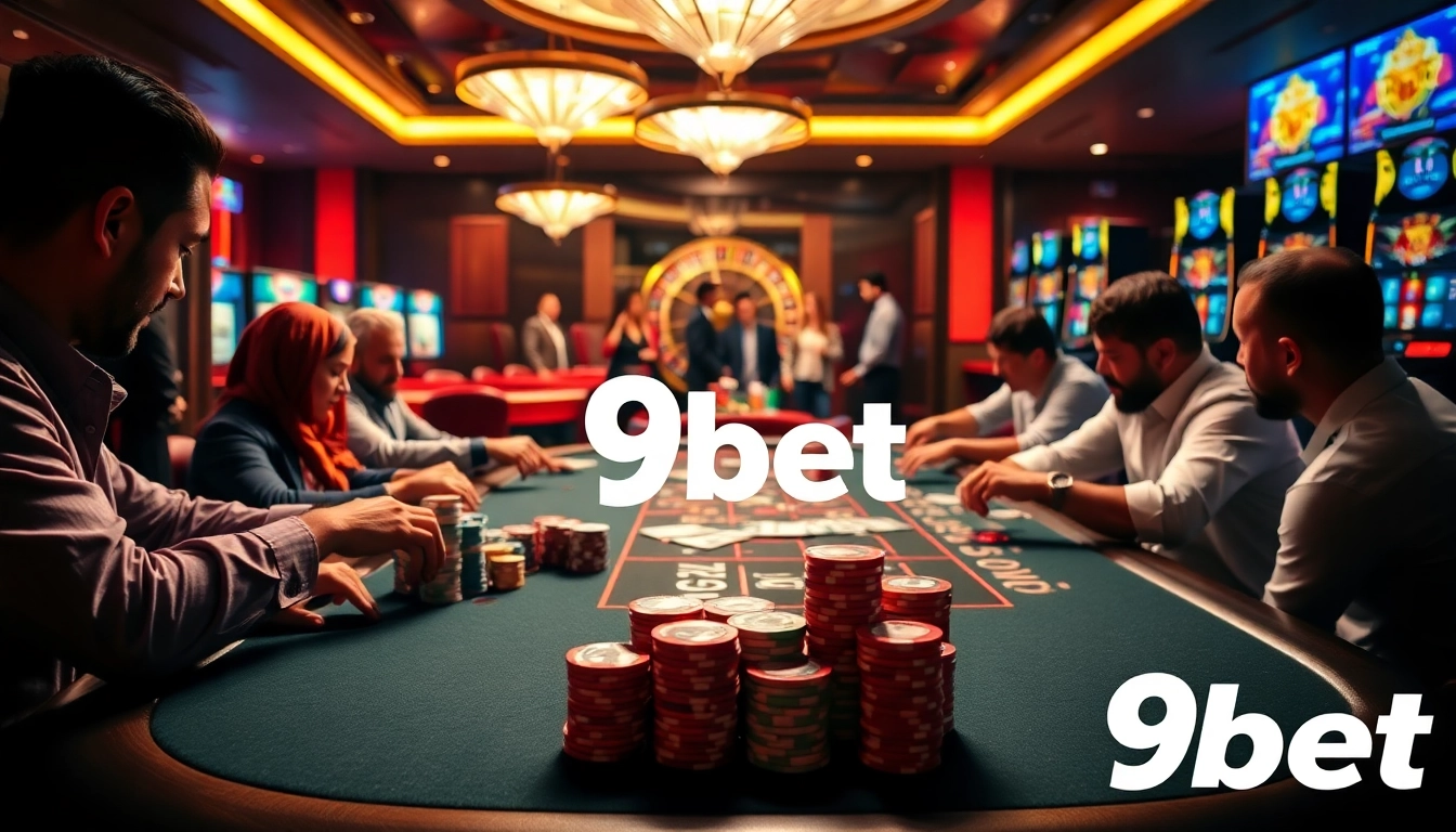 Experience the excitement of 9bet with vibrant casino games at a professional poker table.
