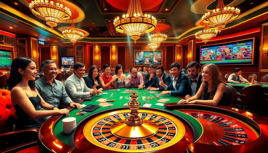 Players enjoying a thrilling game at https://b52club.menu/ casino table with vibrant poker chips and cards.