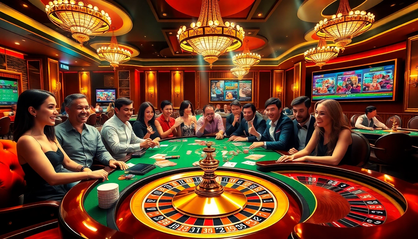 Players enjoying a thrilling game at https://b52club.menu/ casino table with vibrant poker chips and cards.