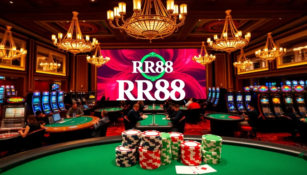 RR88 casino scene with vibrant gaming tables, poker chips, and luxury ambiance.