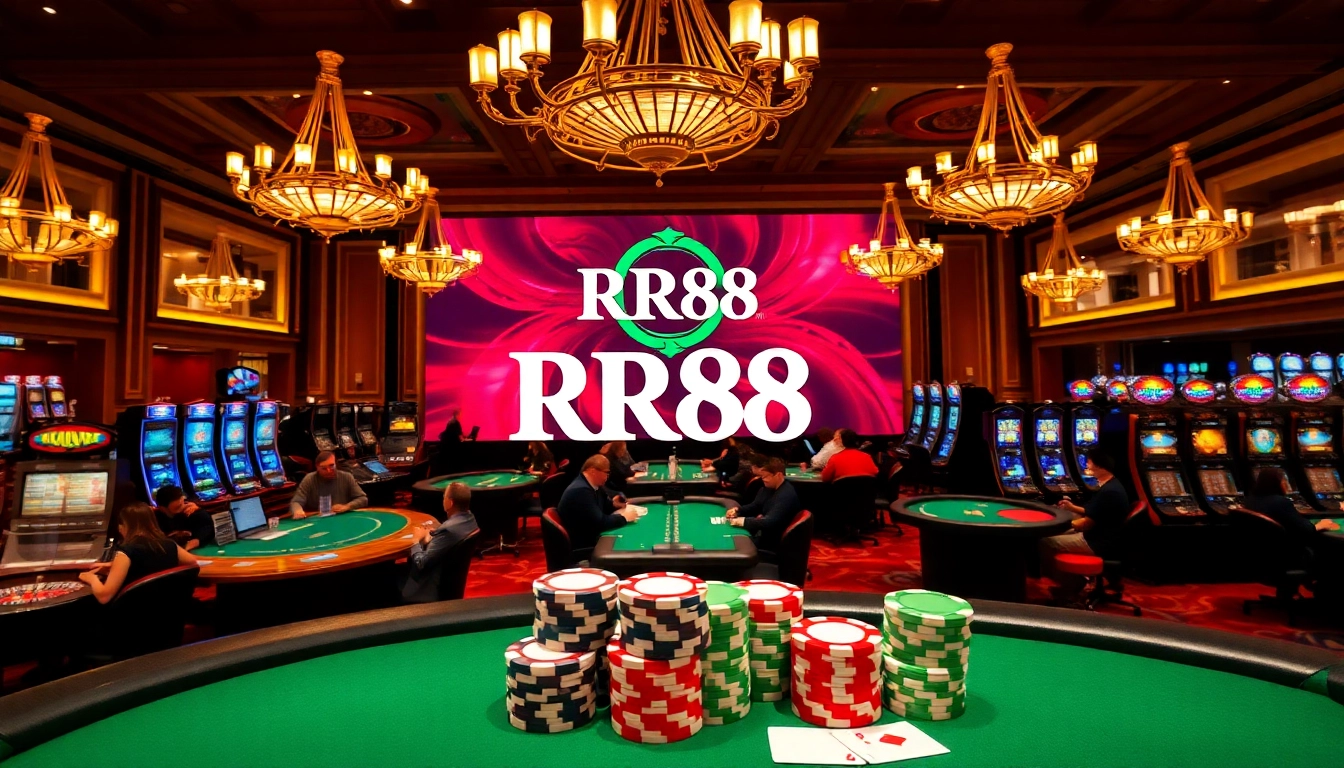RR88 casino scene with vibrant gaming tables, poker chips, and luxury ambiance.
