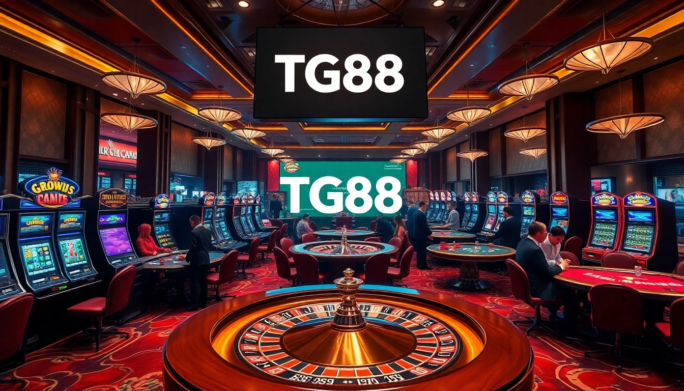 Engage with TG88 at a luxurious casino showcasing vibrant tables and enthusiastic players.