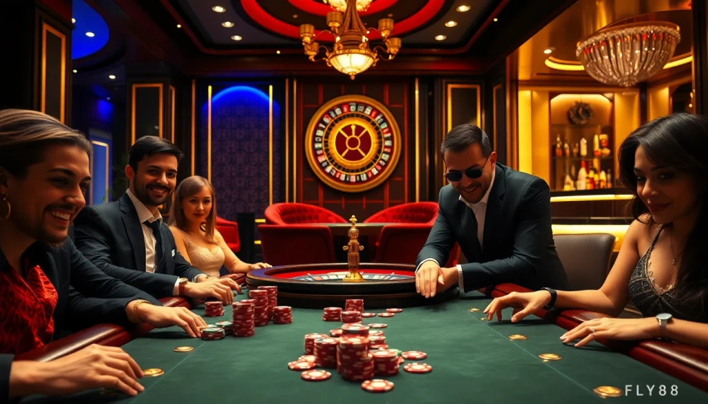 FLY88 poker players strategizing at a vibrant casino table. Excitement and competition abound.