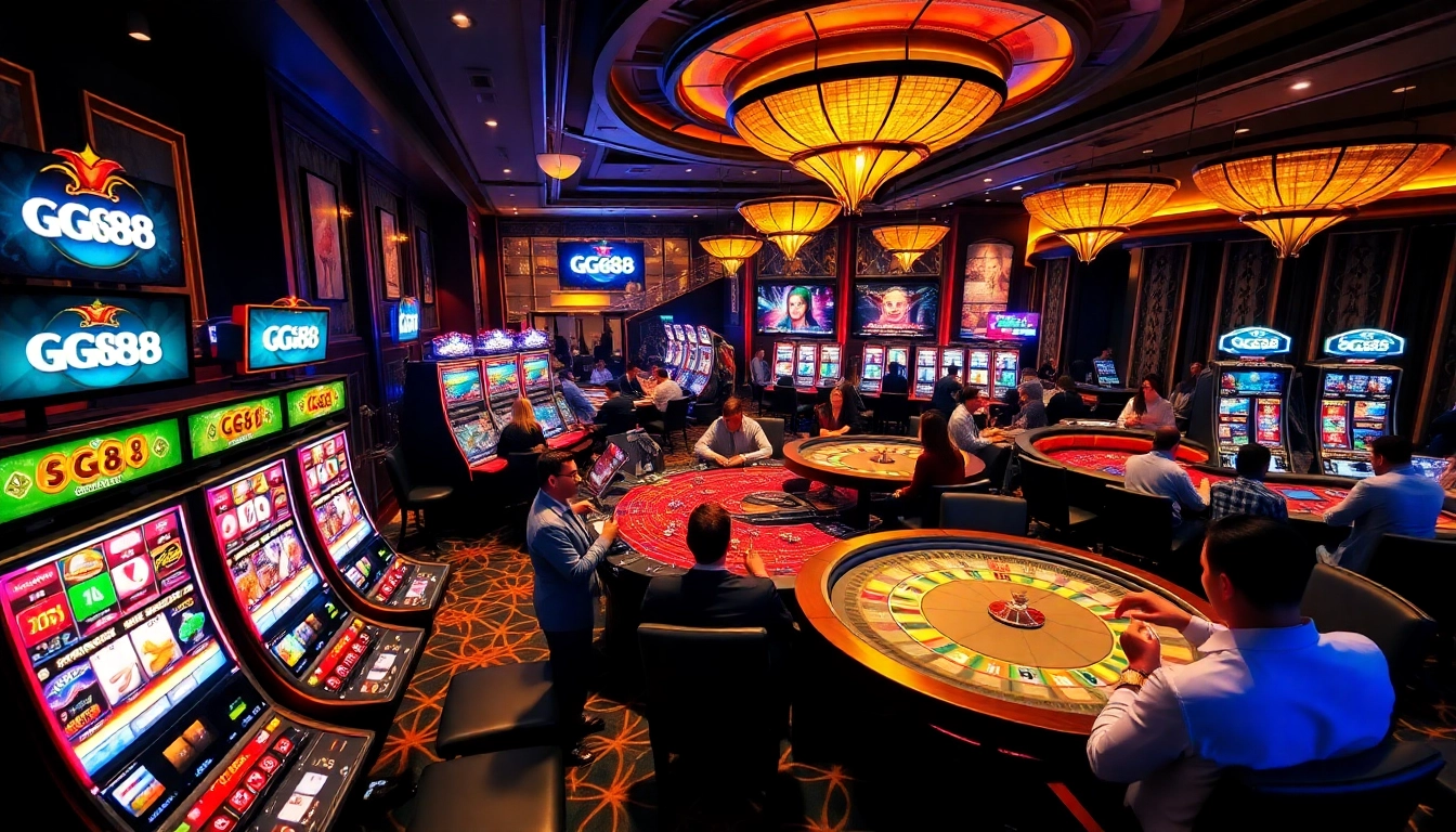 Players enjoying an exciting casino experience at GG88, surrounded by vibrant gaming tables and slot machines.
