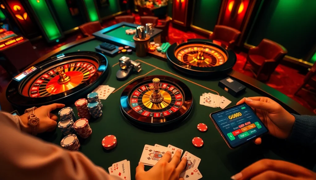 High-stakes gaming session at a luxurious casino with gg88 branding, showing poker chips, cards, and roulette.