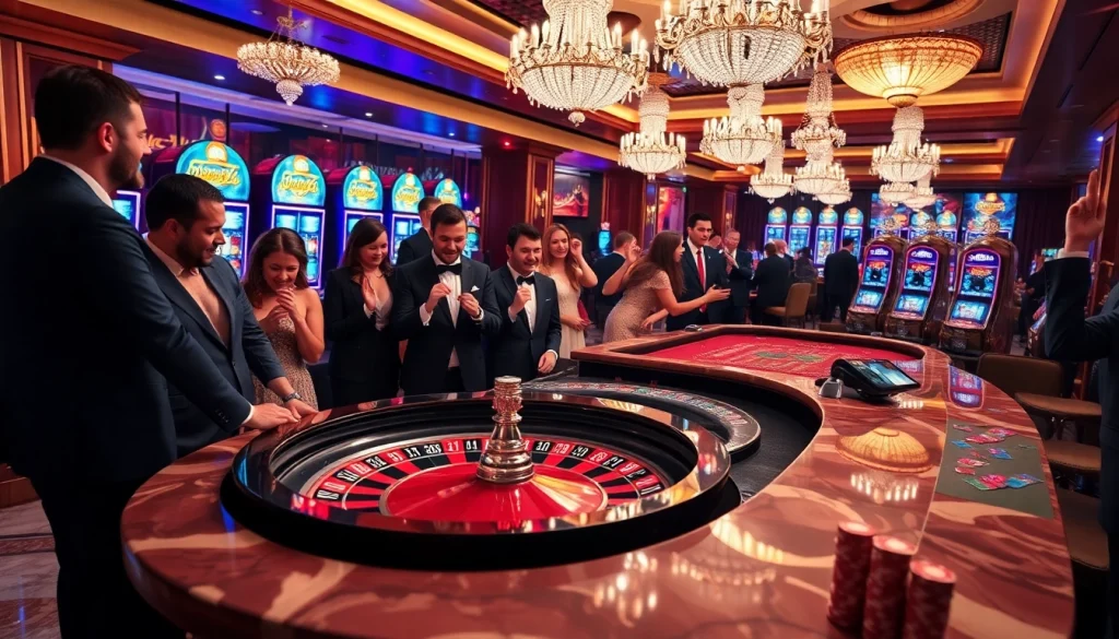 Players elevate their stakes at https://x88.tours/ with thrilling casino games amidst vibrant lights.