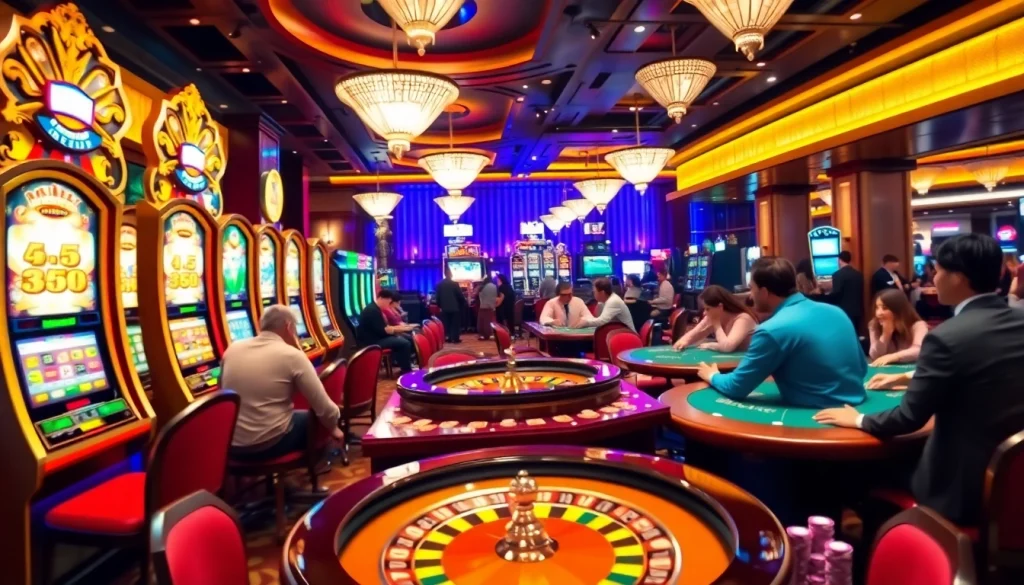 Engaged gamblers enjoying a thrilling experience at https://98wincom.best/ with vibrant casino tables and slot machines.