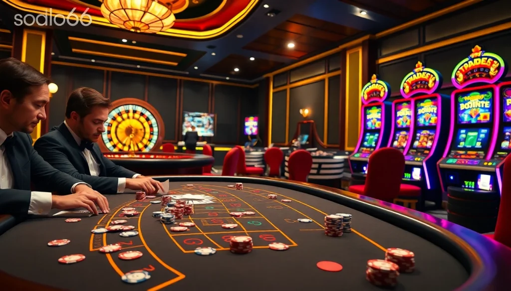 Baccarat gameplay at sodo66 with vibrant poker chips and illuminated slot machines.