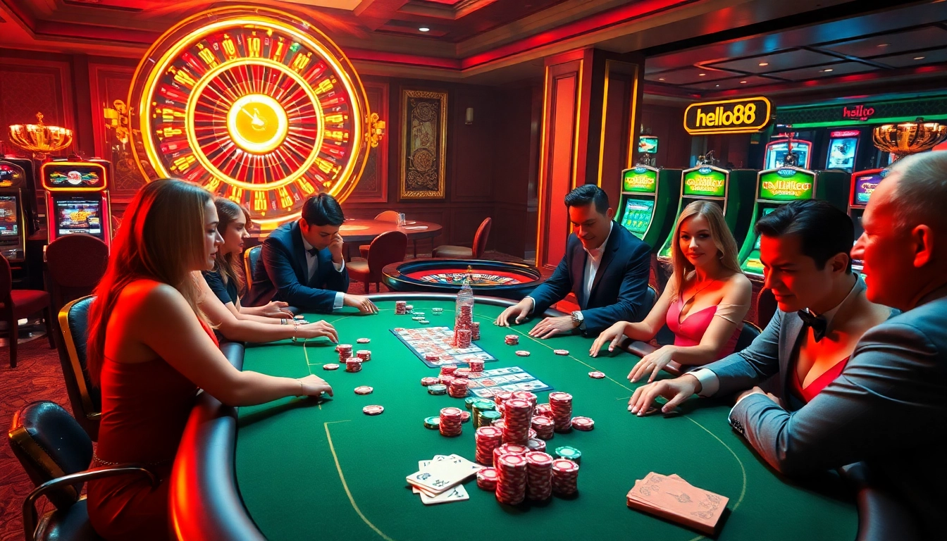 Experience the excitement of hello88 at a vibrant casino table filled with colorful chips and cards.