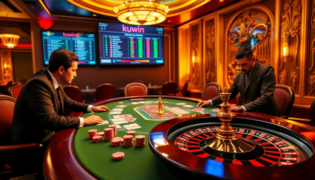 Kuwin poker scene with vibrant colors, chips, and cards captivating gamblers.