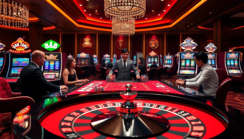 Exciting casino scene capturing NK88 gaming experience with vibrant tables and professional dealers.
