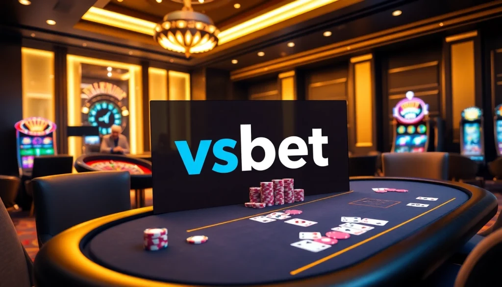 Experience vibrant casino action at vsbet with poker chips and illuminated slot machines.