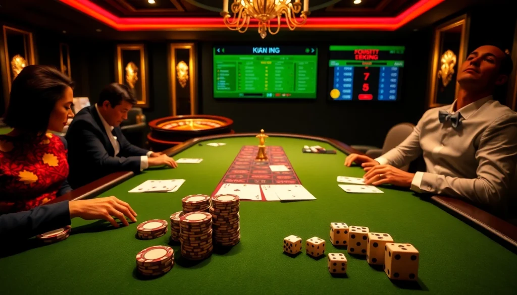 Kèo Bóng Đá betting interface with an exciting casino atmosphere featuring players and games.