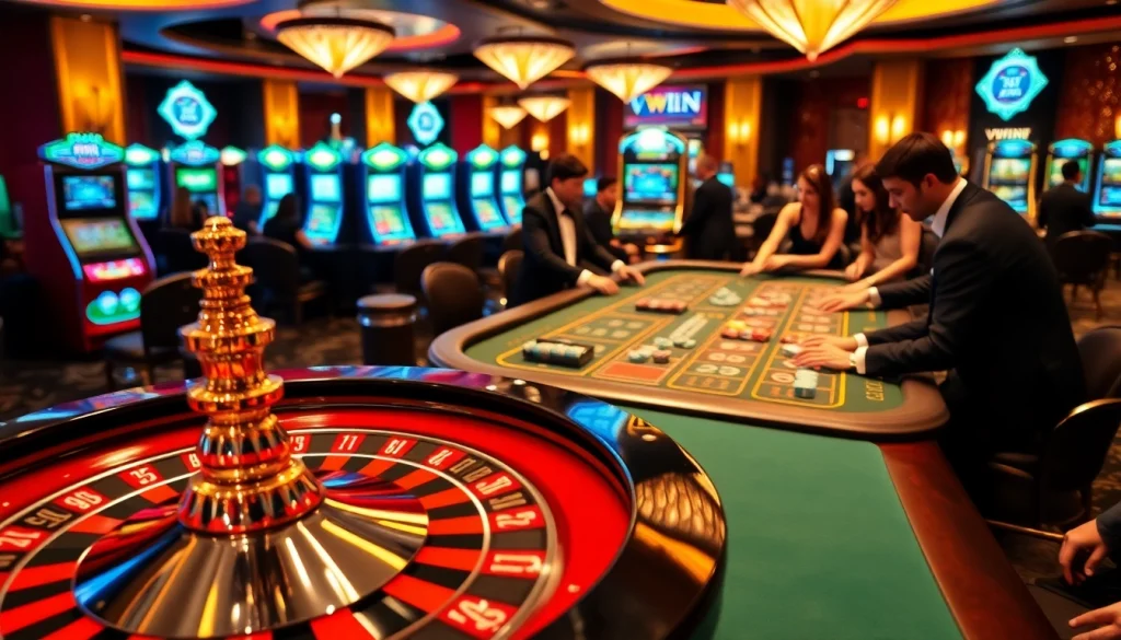 Players engaging in high-stakes gambling at VWIN, showcasing a vibrant casino atmosphere.