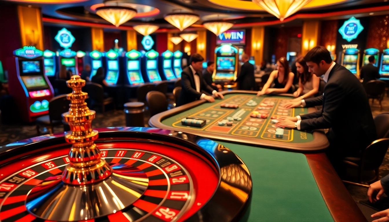 Players engaging in high-stakes gambling at VWIN, showcasing a vibrant casino atmosphere.