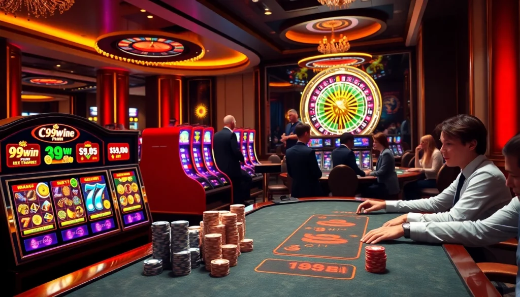 Players enjoying high-stakes poker at 99win casino table under warm lights.