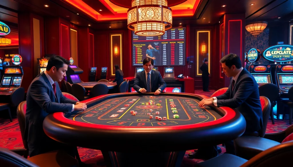 Tài xỉu md5 table with colorful dice in a vibrant casino setting.