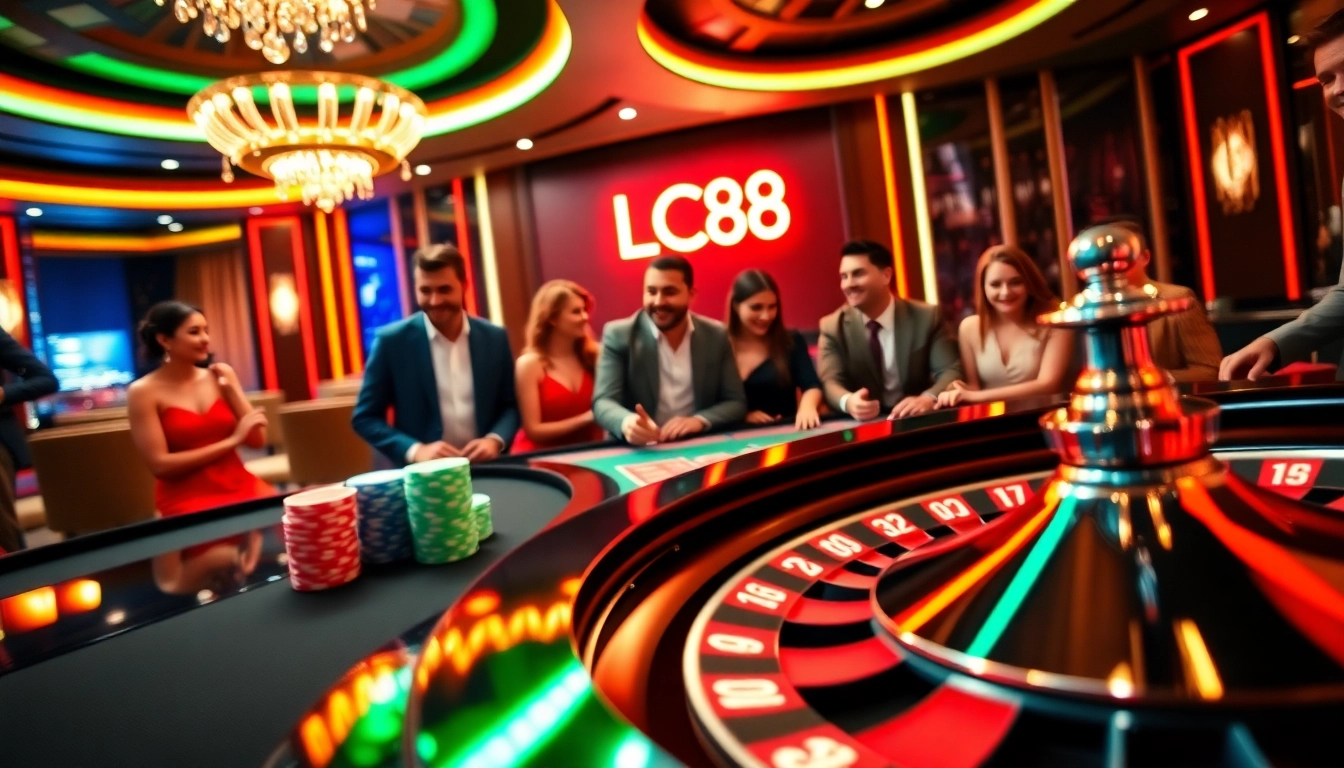 Excited players placing bets at the elegant LC88 casino table, experiencing potential wins.