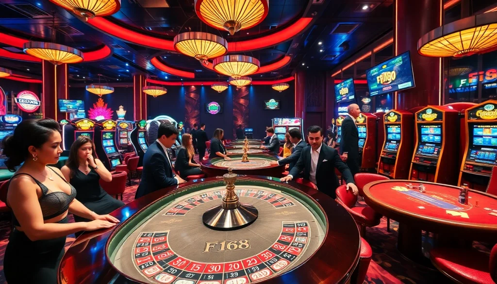 Exciting casino atmosphere featuring F168, with players at roulette and vibrant slot machines.