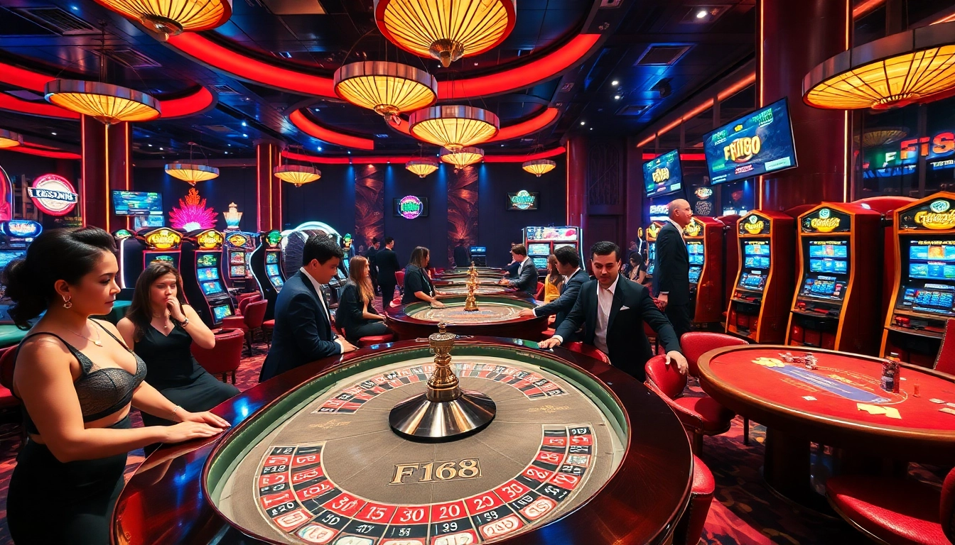 Exciting casino atmosphere featuring F168, with players at roulette and vibrant slot machines.