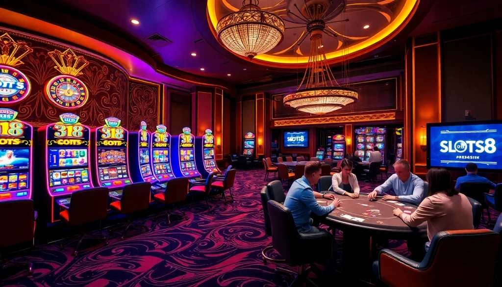 SLOTS8 slots machines lighting up a luxurious casino with vibrant excitement.