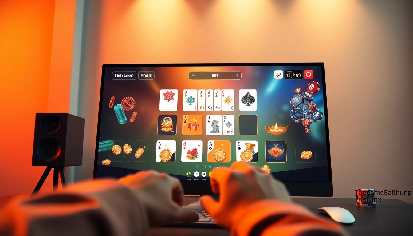 Engaging scene showing an online card gaming interface representing topgamebaidoithuong.mx with popular games.