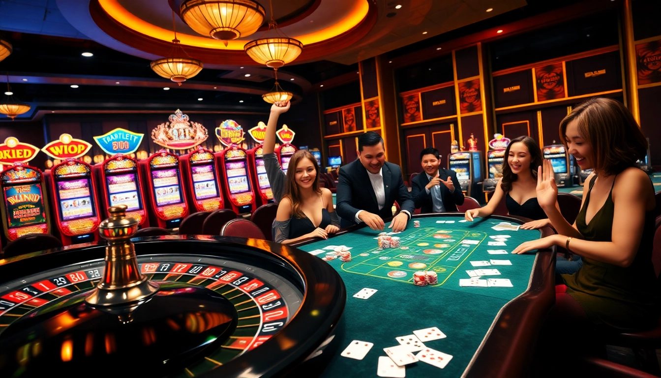 Players celebrating wins at uu88 casino with vibrant poker chips and roulette wheel.