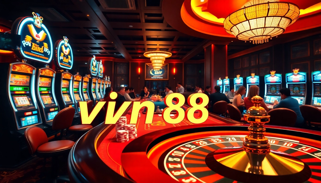 Engage with vin 88 at a luxurious casino featuring poker chips, slot machines, and roulette tables.