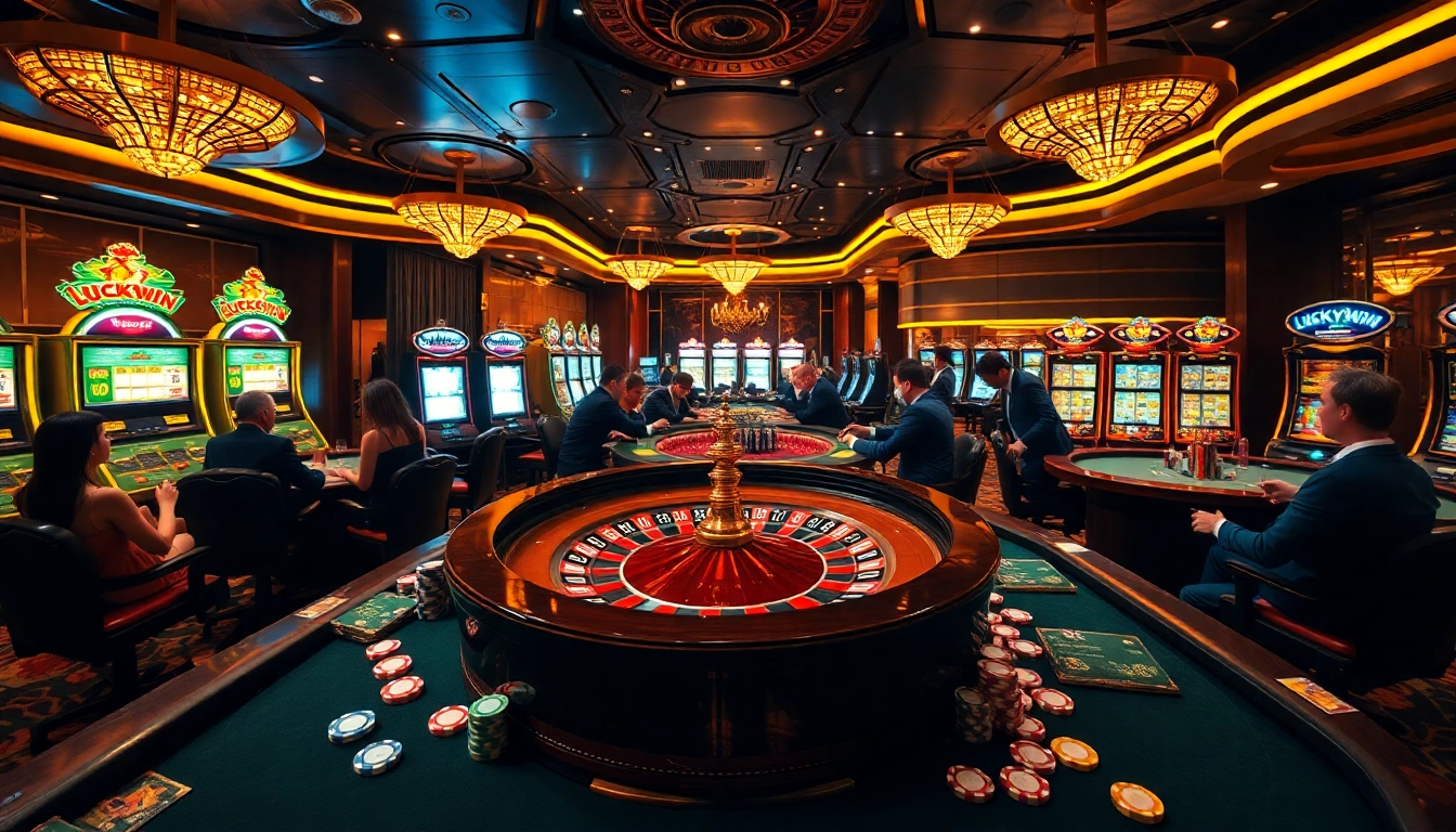 Players winning at casino games, showcasing Luckywin excitement with poker chips and roulette.