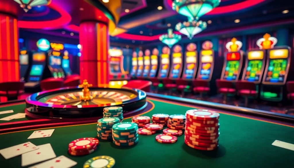 Experience the excitement of Vua99 in a luxurious casino with vibrant slot machines and poker tables.