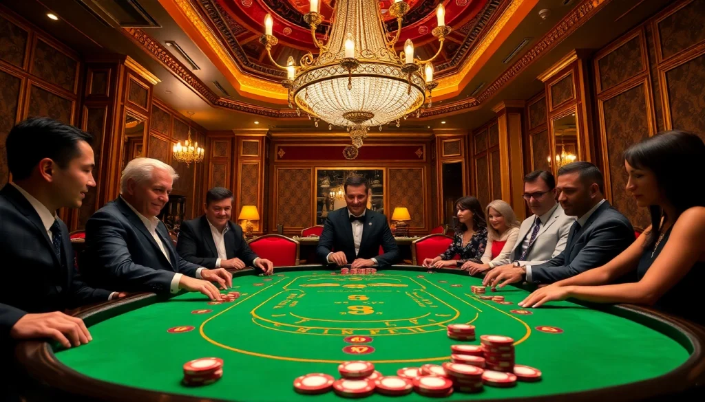 Exciting poker game at a luxury casino showcasing vip66 with elegant decor and high-stakes chips.