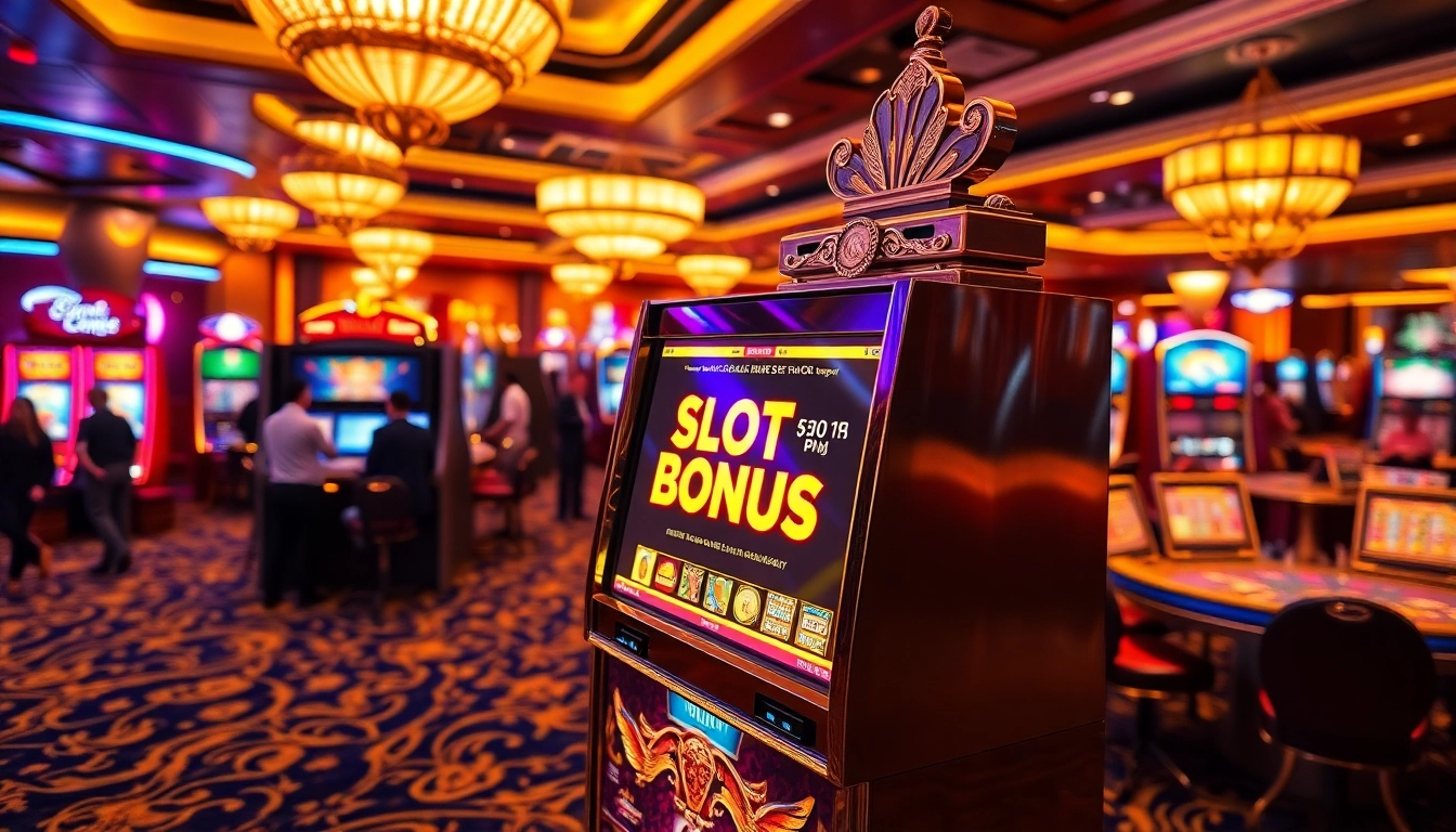 Engaging scene highlighting a slot bonus display, with players enjoying an exciting casino atmosphere.