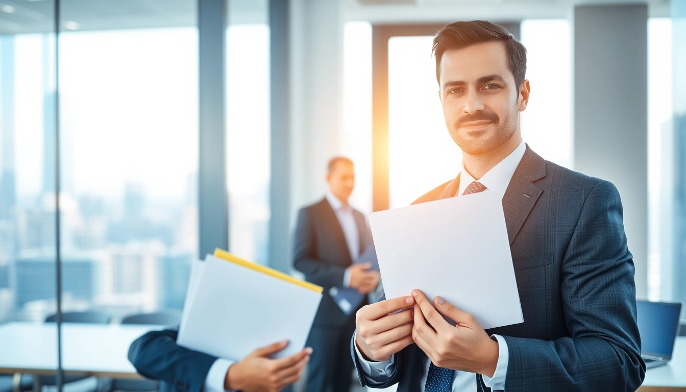 Engaging process serving scene showing a professional delivering legal documents in an office setting.