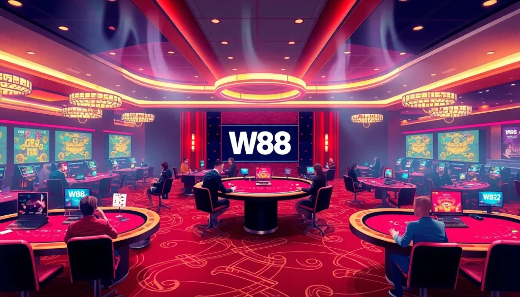 W88.nyc showcasing an upscale online casino with players enjoying vibrant games in a luxury setting.