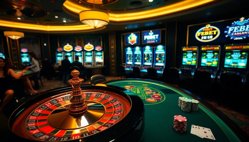 Players engaging in high-stakes games at a FEBET-themed luxury casino.