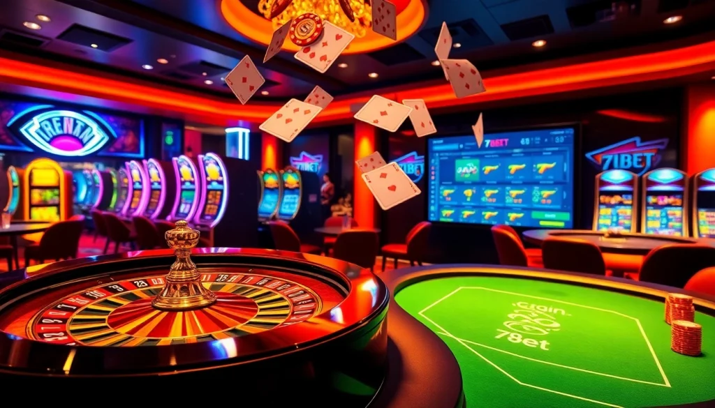 Experience thrilling gaming at 789bet with vibrant casino visuals featuring roulette wheels and slot machines.
