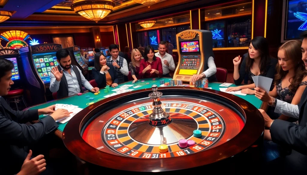 Players enjoying a thrilling roulette experience at 88vv casino with vibrant colors and excitement.