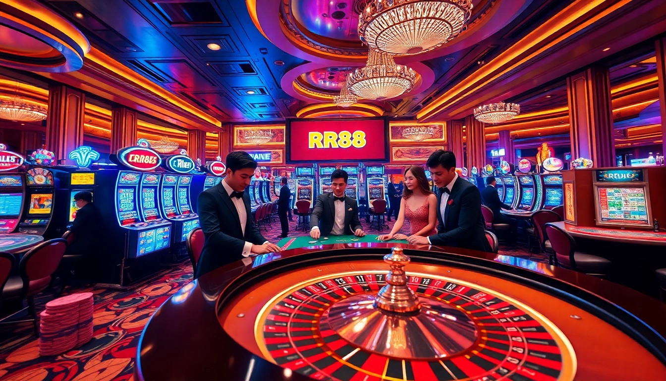 Experience thrilling gameplay at RR88's luxurious casino with roulette and vibrant slot machines.