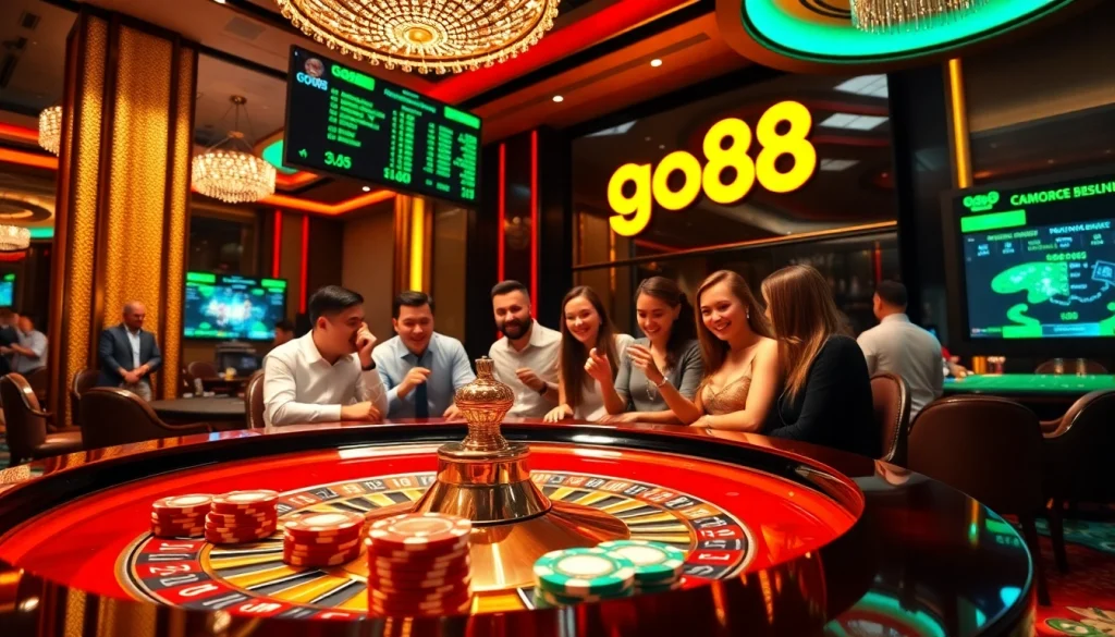 Exciting casino atmosphere featuring go88 with players engaging in roulette and card games.