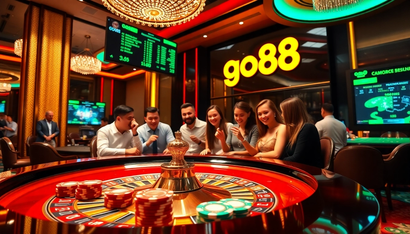 Exciting casino atmosphere featuring go88 with players engaging in roulette and card games.