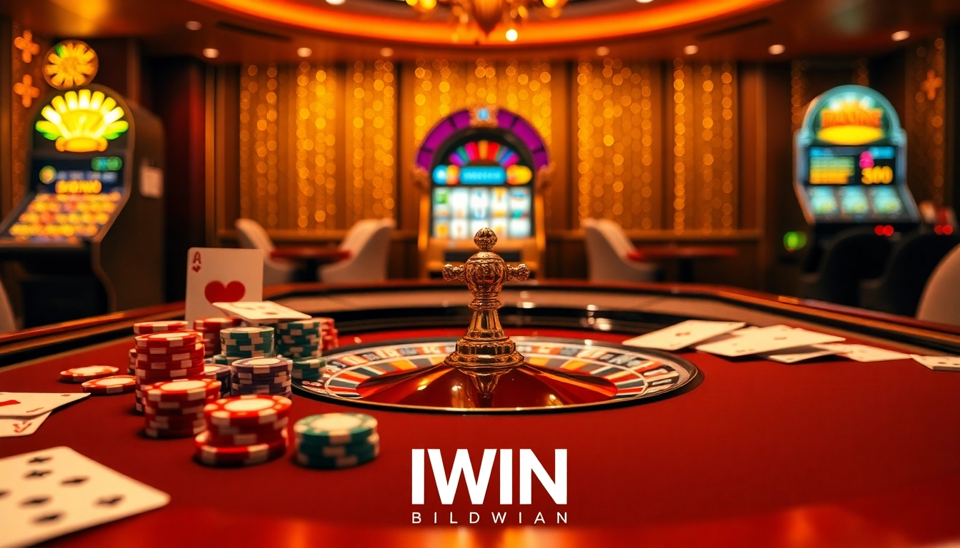 IWIN casino scene featuring a roulette table, poker chips, and vibrant casino lighting.